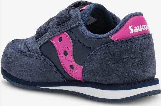 Allen's Bootery Little Kid's Baby Jazz navy and pink leather and mesh sneaker with a reinforced toe and velcro strap