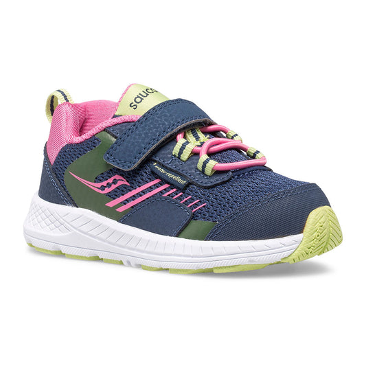 Allen's Bootery navy and pink infant sneaker with breathable mesh, leather overlays, and hook-and-loop strap closure.