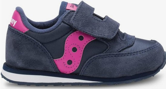 Allen's Bootery infant Saucony Jazz sneaker in navy blue leather and mesh with bright pink accents and velcro strap