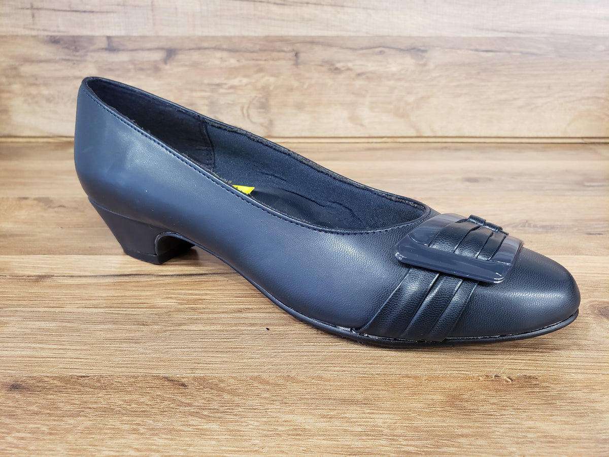 Allen's Bootery navy blue closed-toe pump with a pleated toe detail, buckle ornament, and a low comfortable heel.