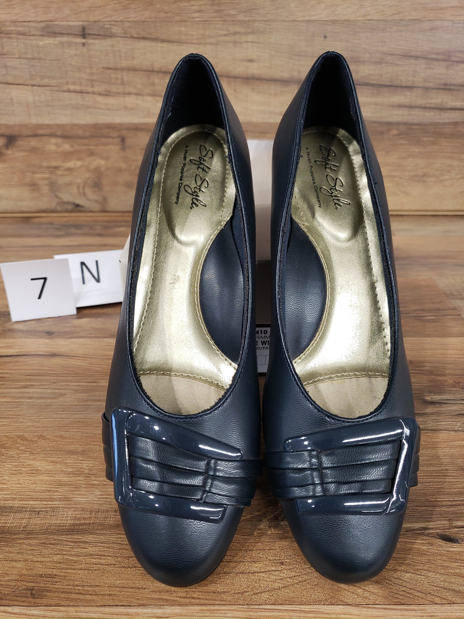 Allen's Bootery navy Pleats Be With You closed-toe pumps with pleated buckle detail and memory foam footbed