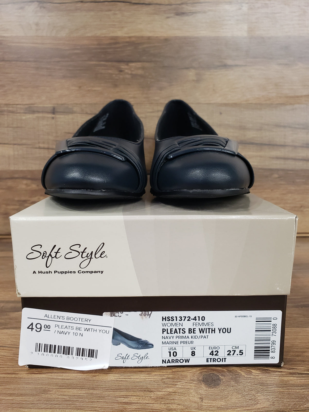 Allen's Bootery navy Pleats Be With You closed-toe pumps with pleated buckle detail and memory foam footbed