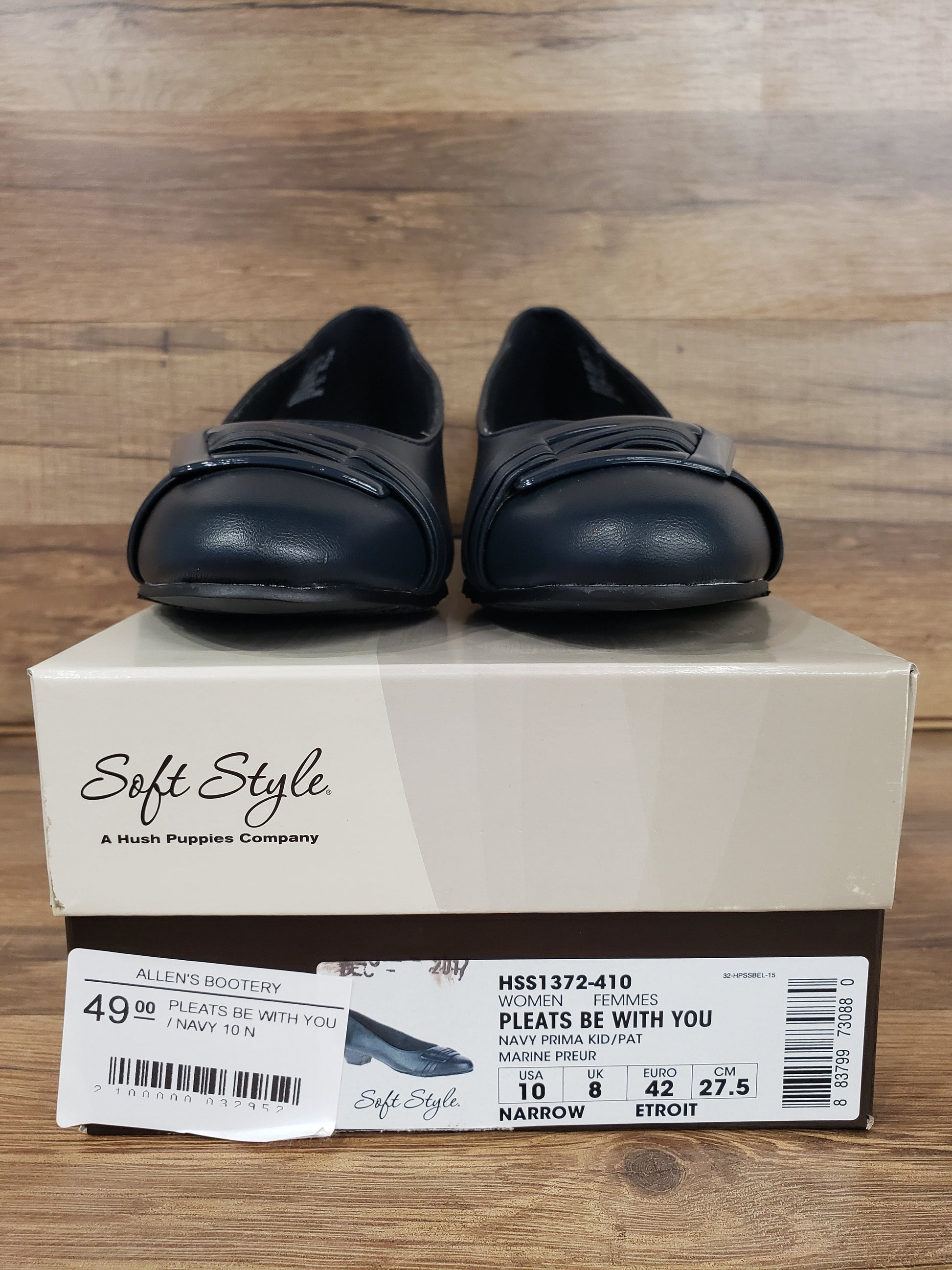 Allen's Bootery navy Pleats Be With You closed-toe pumps with pleated buckle detail and memory foam footbed