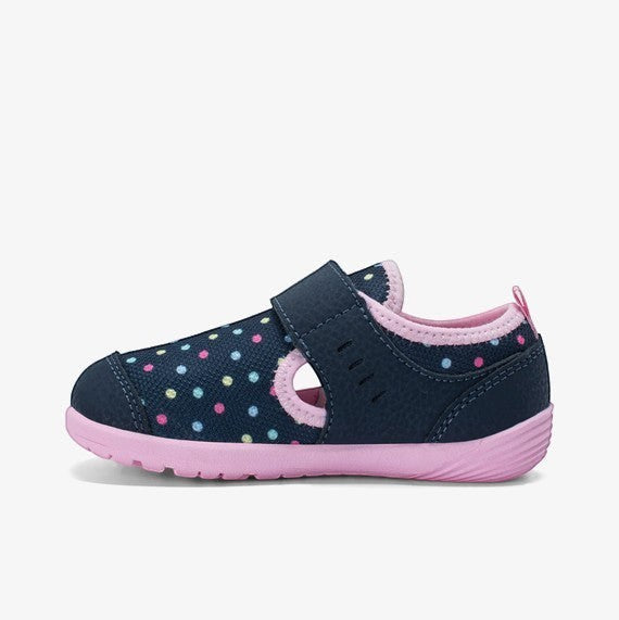 Allen's Bootery navy water shoes for toddlers with colorful polka dots, pink trim, and a secure velcro strap.