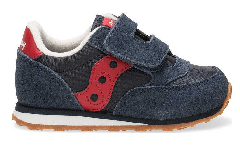 Allen's Bootery navy and red toddler sneaker with leather and mesh upper, hook-and-loop strap, and rubber outsole.