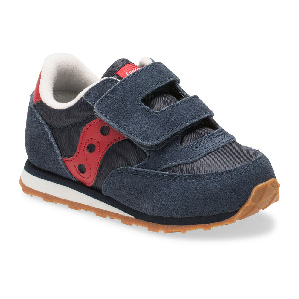 Allen's Bootery navy and red toddler sneakers with leather and mesh upper, velcro strap, and gum rubber outsole.