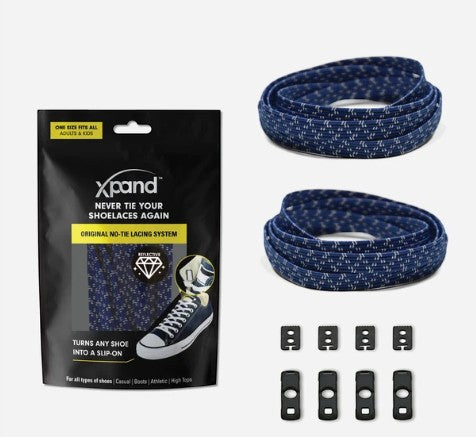 Allen's Bootery Xpand Laces navy blue reflective no-tie elastic shoelace kit with anchors and clips for sneakers.