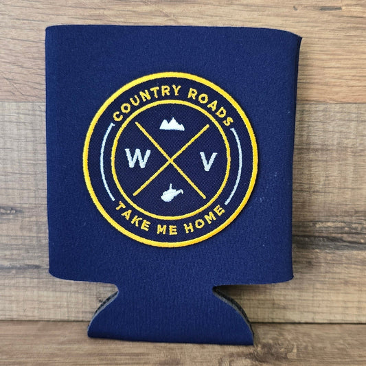 Allen's Bootery navy blue can koozie featuring a circular embroidered West Virginia seal with Country Roads text.