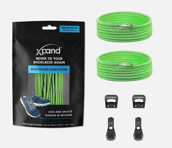 Allen's Bootery Xpand neon green elastic quick-release shoelaces with locking anchors and end clips in packaging.