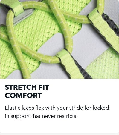 Allen's Bootery LOCK LACES neon yellow elastic no-tie shoelaces threaded through a running shoe mesh upper