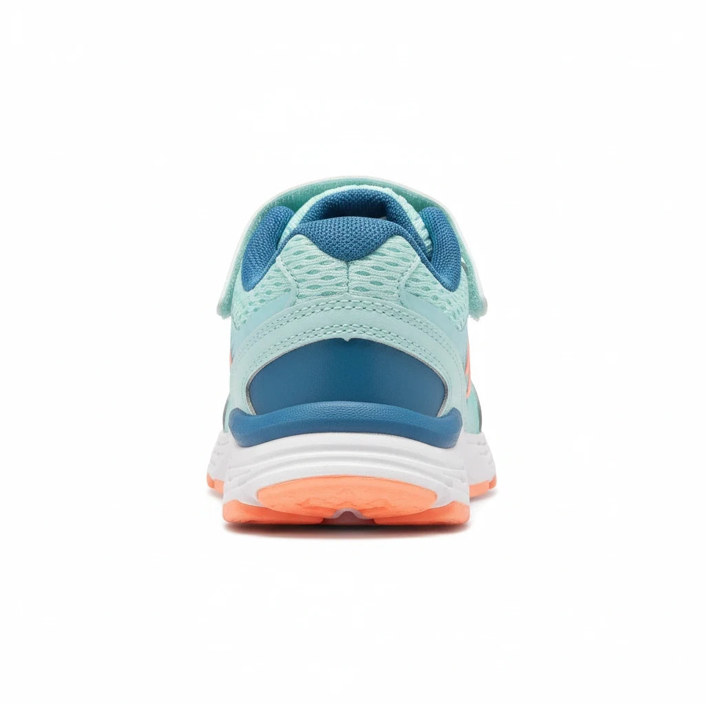 Allen's Bootery New Balance 680 kids running shoe in Bali blue and ginger pink with mesh upper and velcro closure