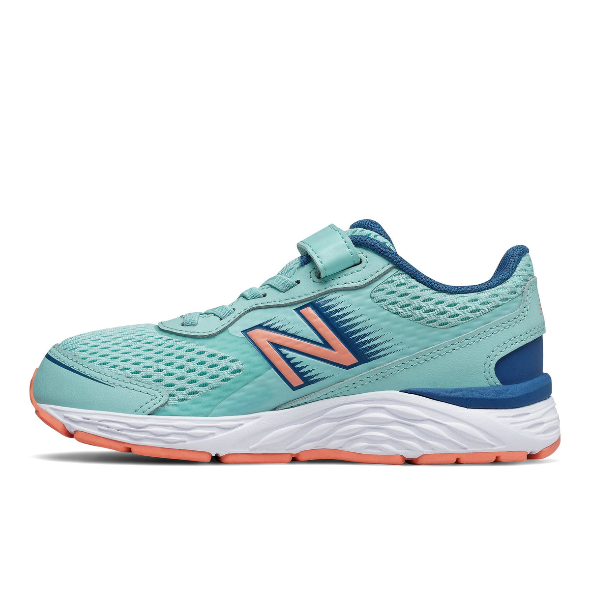 Allen's Bootery New Balance 680 kids running shoe in Bali blue and ginger pink with mesh upper and velcro closure
