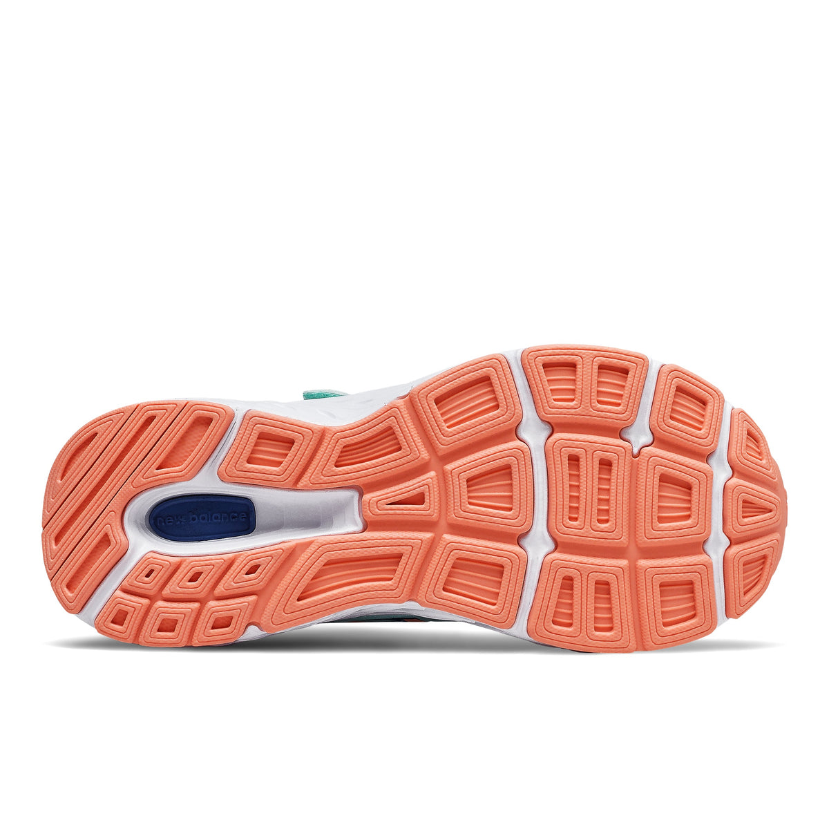Allen's Bootery New Balance 680 kids running shoe rubber outsole in ginger pink with white midsole and blue detail