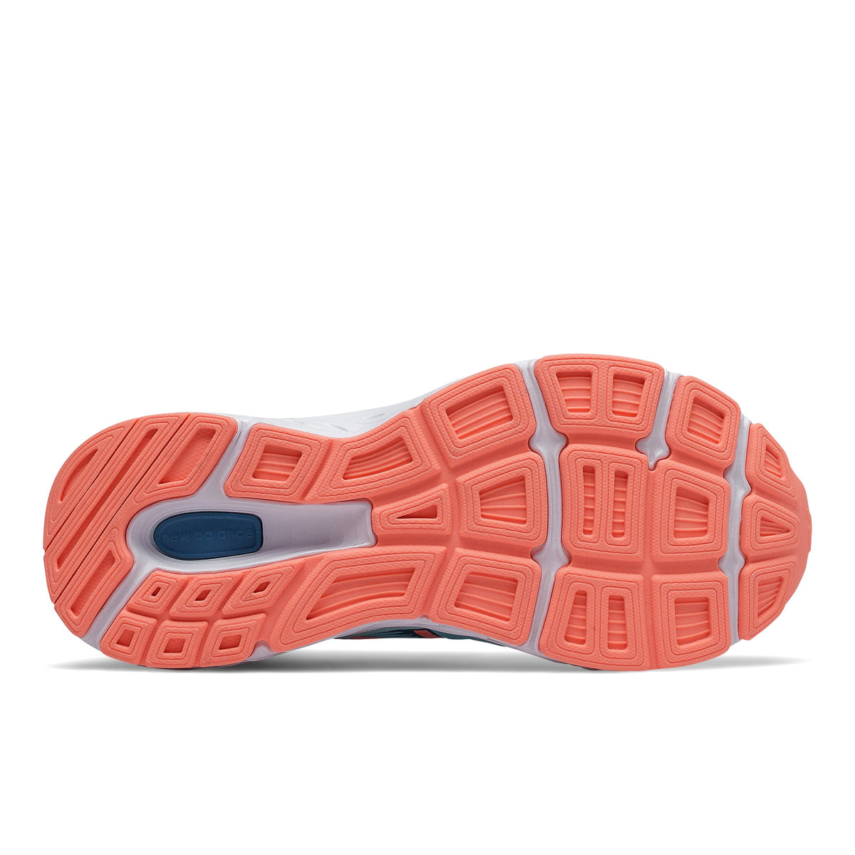Allen's Bootery New Balance 680 big kid's running shoe showing the pink and blue rubber outsole tread pattern