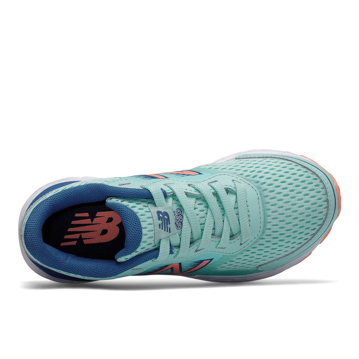 Allen's Bootery New Balance 680 running shoe in Bali blue and ginger pink with mesh upper and ABZORB midsole.