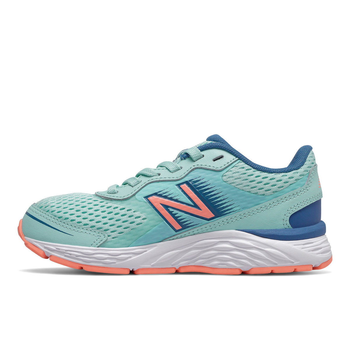 Allen's Bootery New Balance 680 big kid running shoe in bali blue and ginger pink with leather and mesh upper