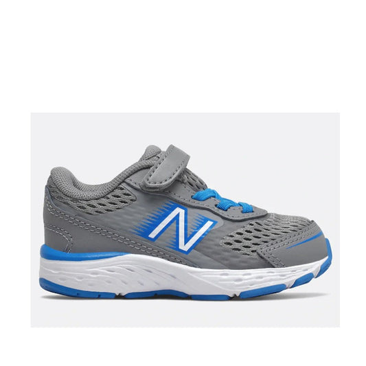 Allen's Bootery New Balance 680 v6 infant running shoe in grey and blue with mesh upper and hook-and-loop strap.