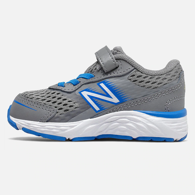 Allen's Bootery New Balance 680 v6 infant running shoe in grey and blue with mesh and leather upper and velcro strap.