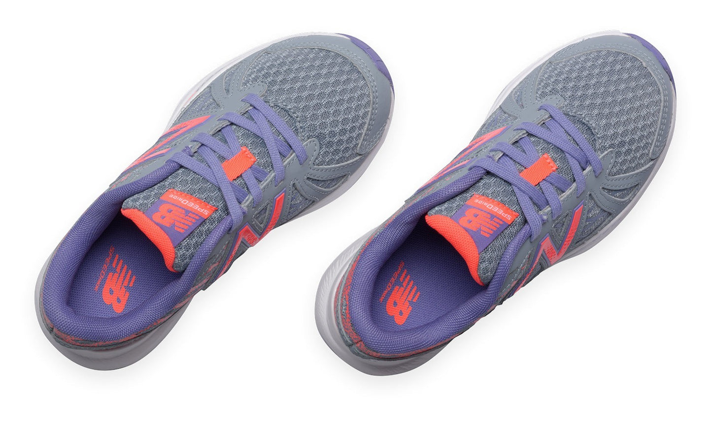 Allen's Bootery New Balance 690v4 kids running shoes in grey mesh with purple laces and bright pink accents