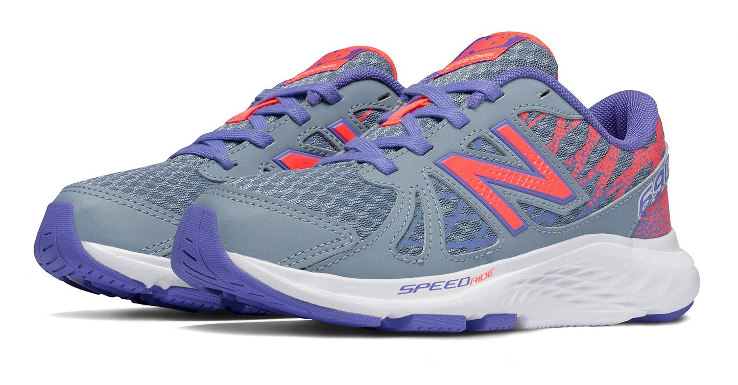 Allen's Bootery New Balance 690v4 kids running shoes in purple and pink with 3D screen-printed mesh overlays.
