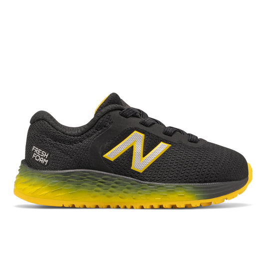 Allen's Bootery New Balance Arishi v2 toddler sneaker in black mesh with yellow Fresh Foam sole and silver N logo