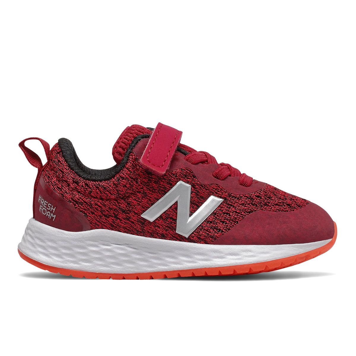 Allen's Bootery infant New Balance Fresh Foam sneakers in neo crimson and neo flame with mesh and hook-and-loop strap