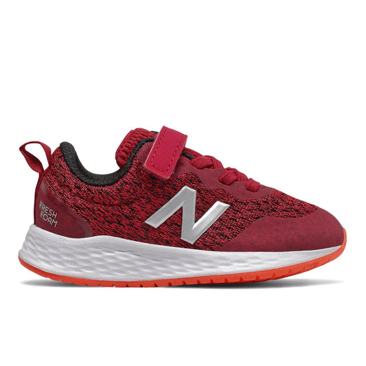 Allen's Bootery infant New Balance Fresh Foam sneakers in neo crimson and neo flame with mesh and hook-and-loop strap