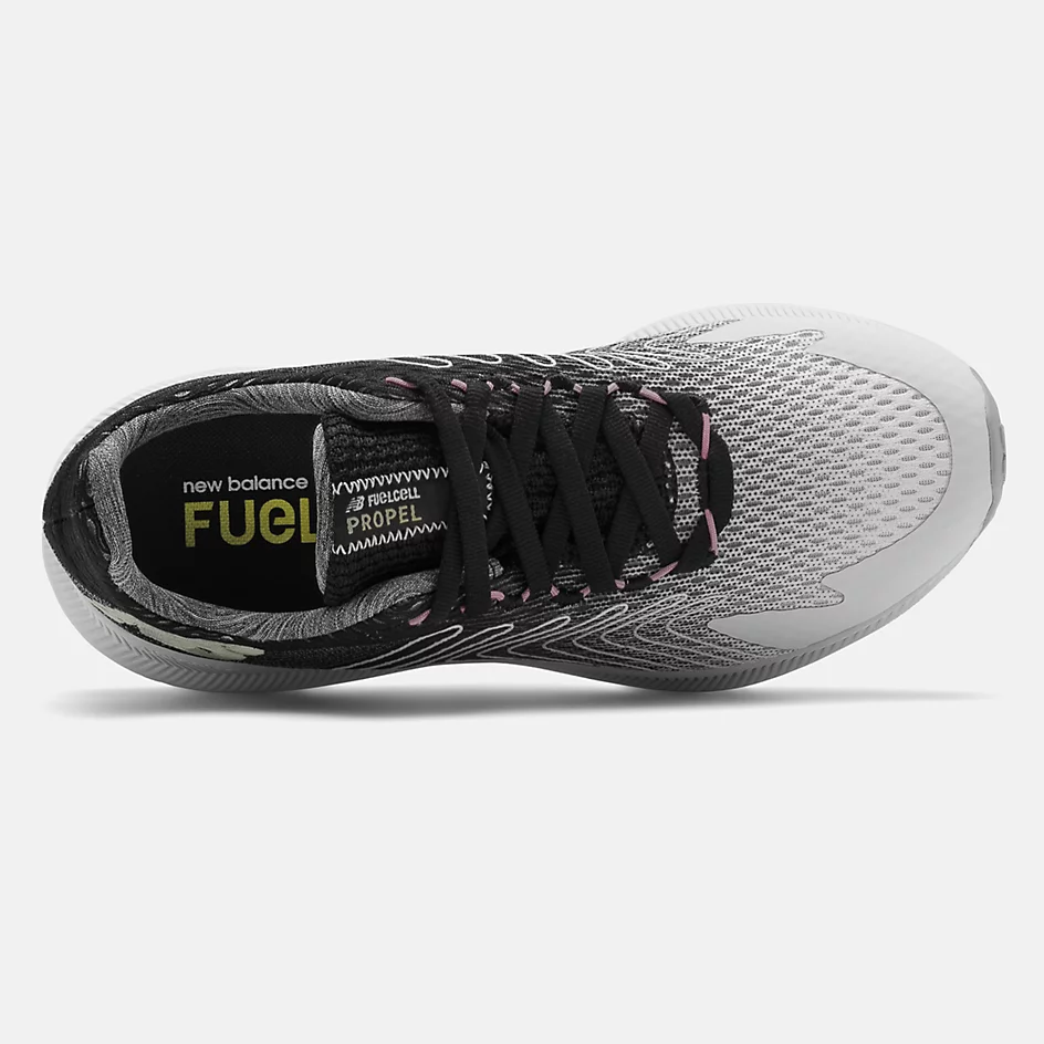 Allen's Bootery New Balance FuelCell Propel women's running shoe in grey and pink with a breathable mesh upper.