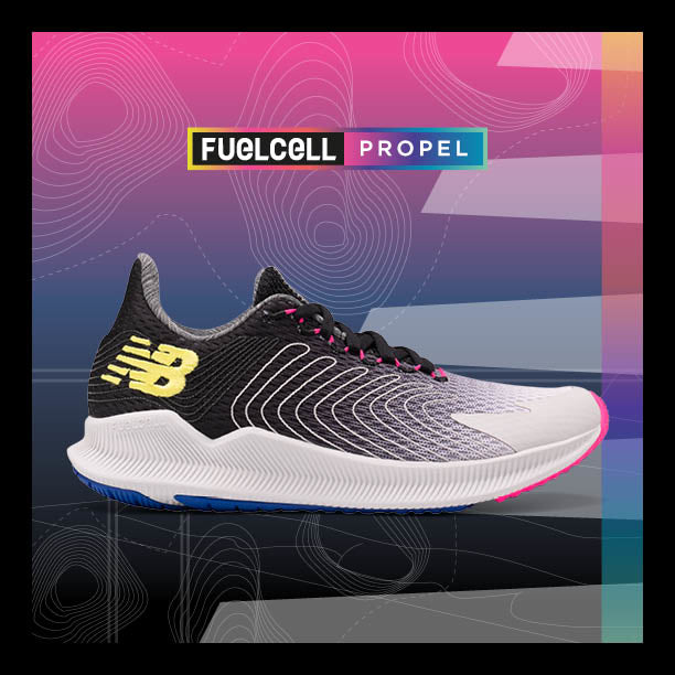Allen's Bootery New Balance FuelCell Propel women's running shoe in grey and white with pink and yellow accents.