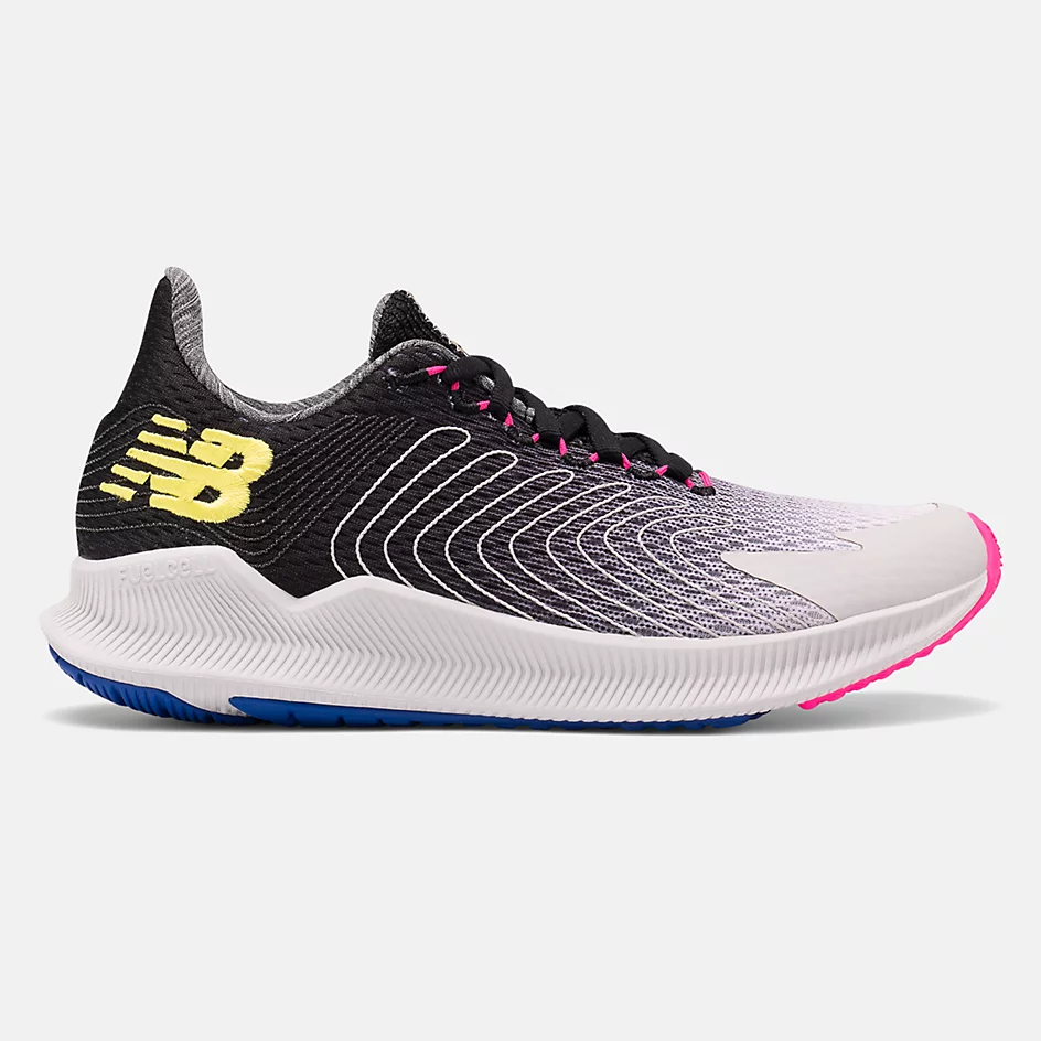 Allen's Bootery women's New Balance FuelCell Propel running shoes in grey and black with pink and yellow accents