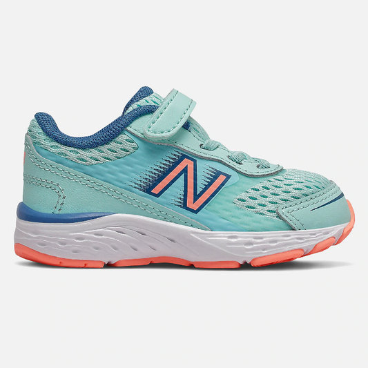 Allen's Bootery New Balance 680 kids running shoe in Bali blue and ginger pink with mesh and leather construction.