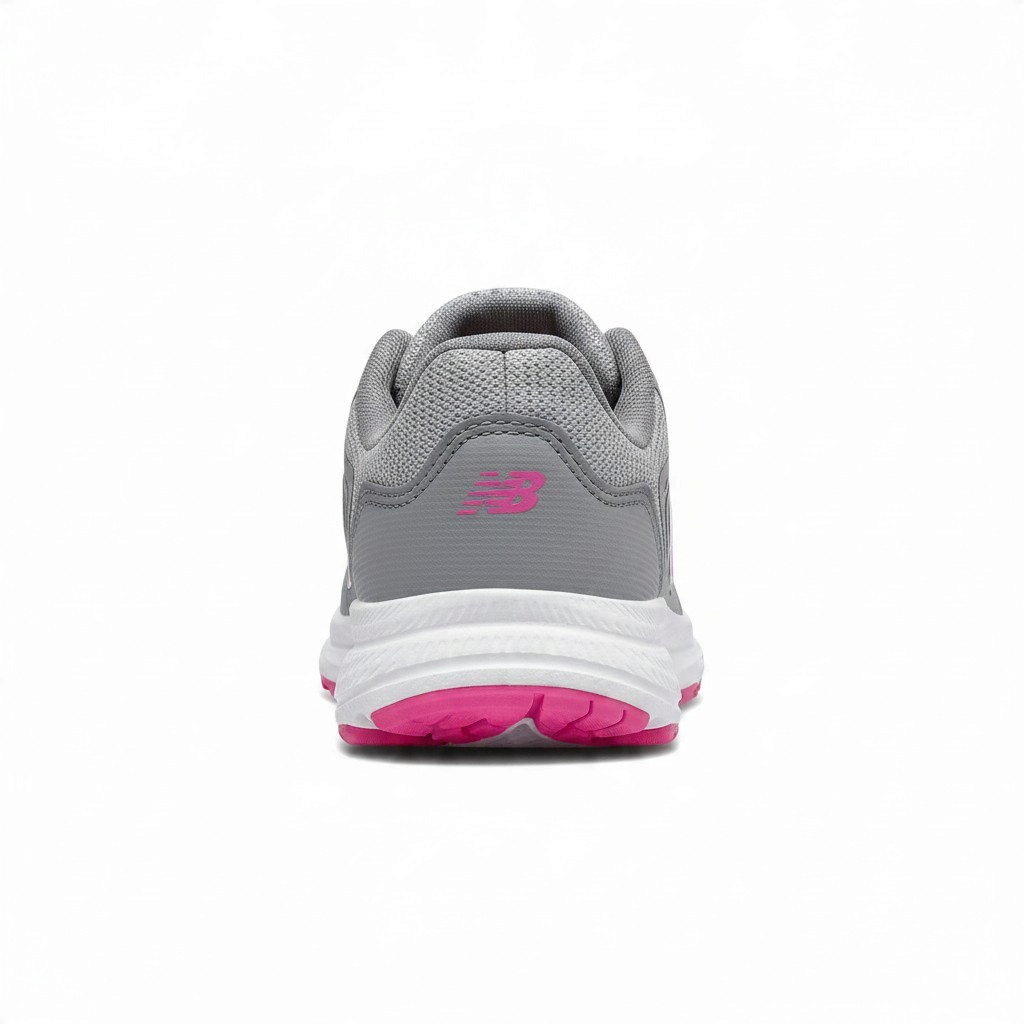 Allen's Bootery New Balance 519 V2 kids' running shoes in grey and pink, rear view showing rubber outsole