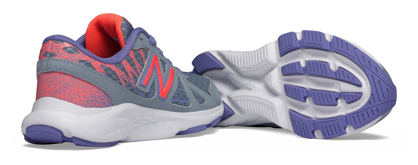 Allen's Bootery New Balance 690v4 kids running shoes in purple and pink with 3D screen-printed overlays and white soles