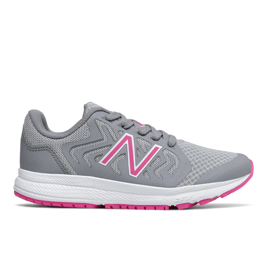 Allen's Bootery New Balance 519 V2 kids' running shoes in grey and pink with breathable mesh and REVlite midsole