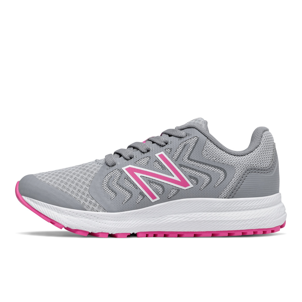 Allen's Bootery New Balance 519 V2 kids' running shoes in grey mesh with pink accents and a white REVlite midsole.