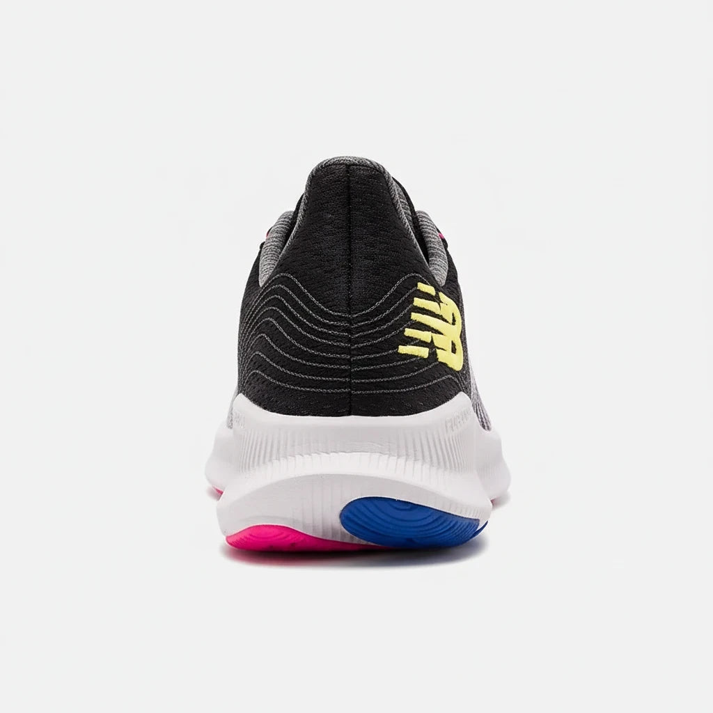 Allen's Bootery New Balance FuelCell Propel women's running shoe, rear view showing grey upper and pink and blue sole.