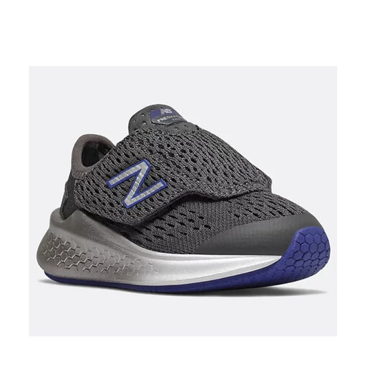 Allen's Bootery New Balance Fresh Foam toddler running shoe in grey mesh with purple accents and hook-and-loop strap