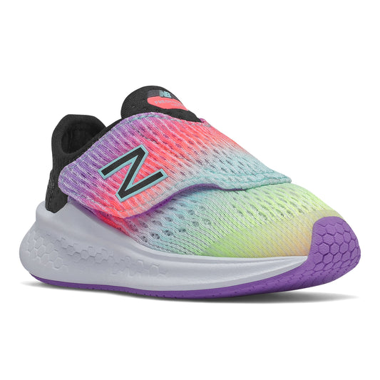 Allen's Bootery infant Fresh Foam running shoe in neo violet multi-color mesh with a hook-and-loop strap closure.