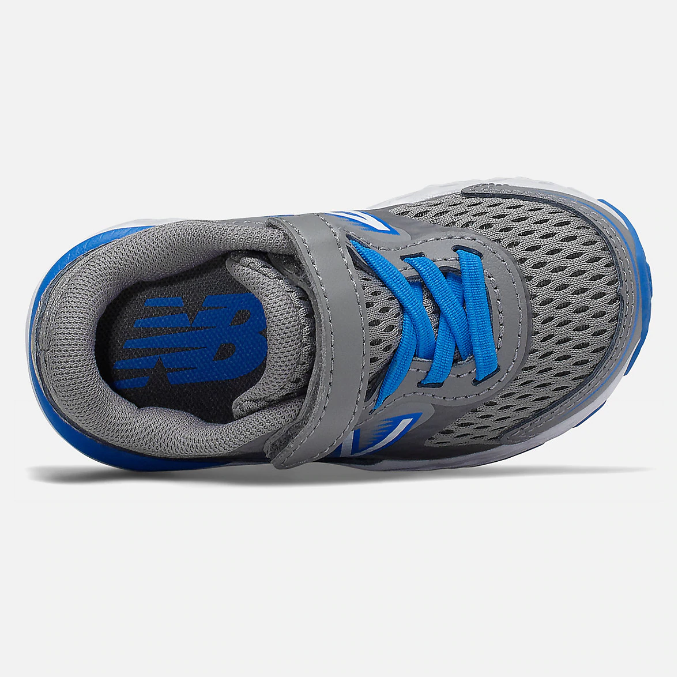 Allen's Bootery New Balance 680 v6 toddler running shoe in grey mesh and leather with blue accents and velcro strap