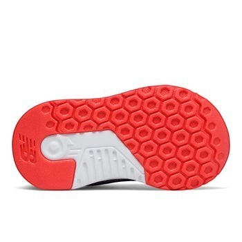 Allen's Bootery New Balance infant/toddler athletic running shoes in navy blue with red and yellow accents. Features hook-and-loop closure and cushioned sole.