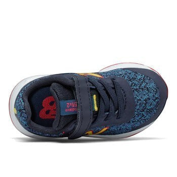 Allen's Bootery New Balance infant/toddler running shoes in navy blue with red and yellow accents, hook-and-loop closure.