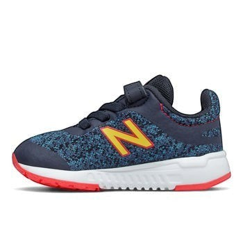 Allen's Bootery New Balance infant/toddler athletic running shoes in navy blue with yellow and red accents, hook-and-loop closure.