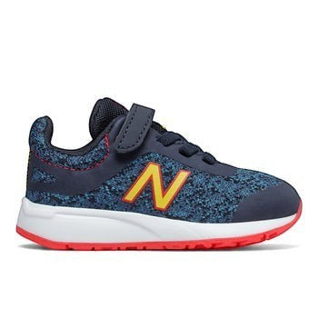 Allen's Bootery New Balance infant/toddler navy blue athletic running shoes with yellow and red accents, hook-and-loop closure.