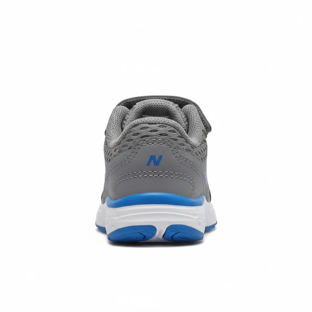 Allen's Bootery New Balance 680 v6 toddler running shoe in grey and blue with mesh and leather construction, back view