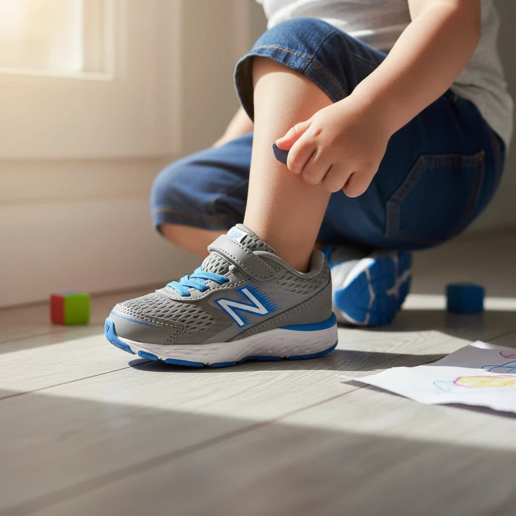 Allen's Bootery New Balance 680 v6 toddler running shoe in grey and blue with mesh upper and hook-and-loop closure