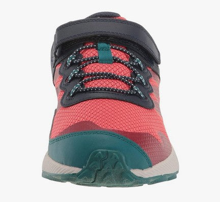 Allen's Bootery Little Kid's NOVA 2 trail runner in navy and coral with hook and loop closure and reinforced toe.