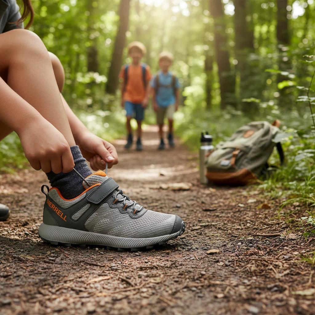 Allen's Bootery Little Kid's NOVA grey and orange trail running shoe with hook-and-loop strap on a forest trail.