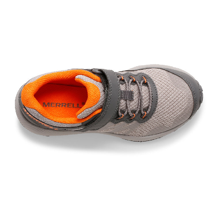 Allen's Bootery Little Kid's NOVA trail running shoe in grey and orange with a hook-and-loop strap, top-down view.
