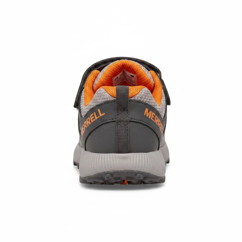 Allen's Bootery Little Kid's Nova 2 trail running shoe in grey and orange with a hook-and-loop strap, rear view.