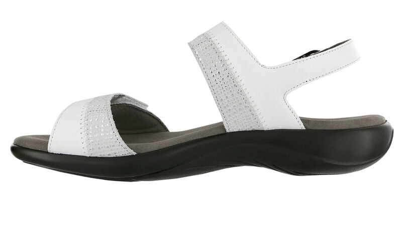 Allen's Bootery Nudu white leather sandal with decorative stitching, adjustable straps, and contoured microfiber insole